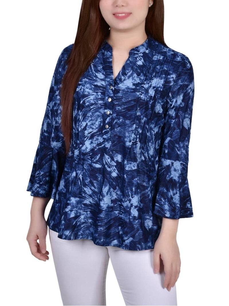 NY Collection Plus 3/4 Bell Sleeve Pleat Y‑Neck Top Blue Flower 1X NWT $35.99