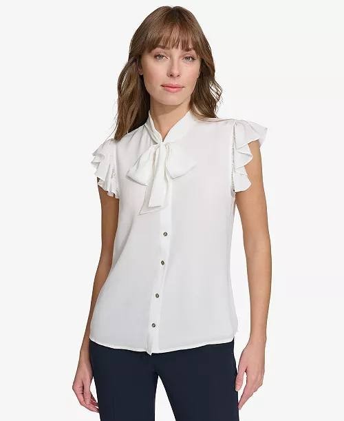 Tommy Hilfiger Flutter-Sleeve Tie-Neck Blouse White Size S NWT $69 – Chic Classi