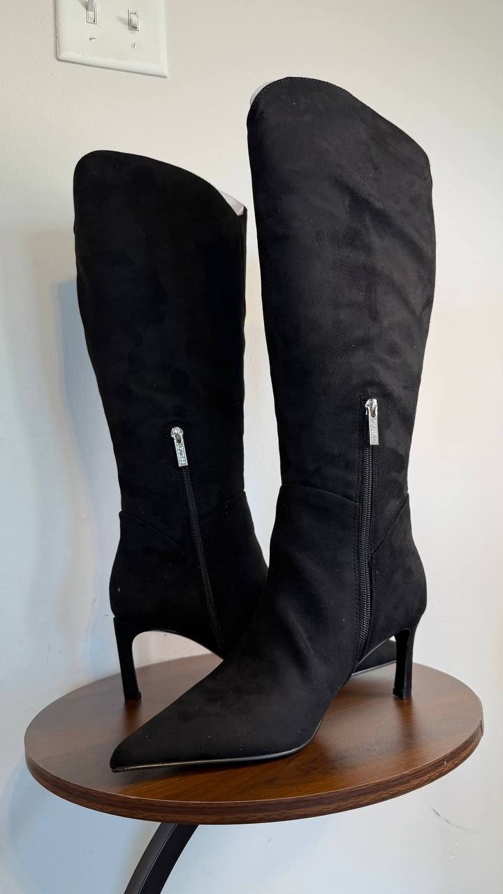 GUESS Palisa Wide Calf Tall Kitten Heel Boots Black 7,5M Suede $179 NWB