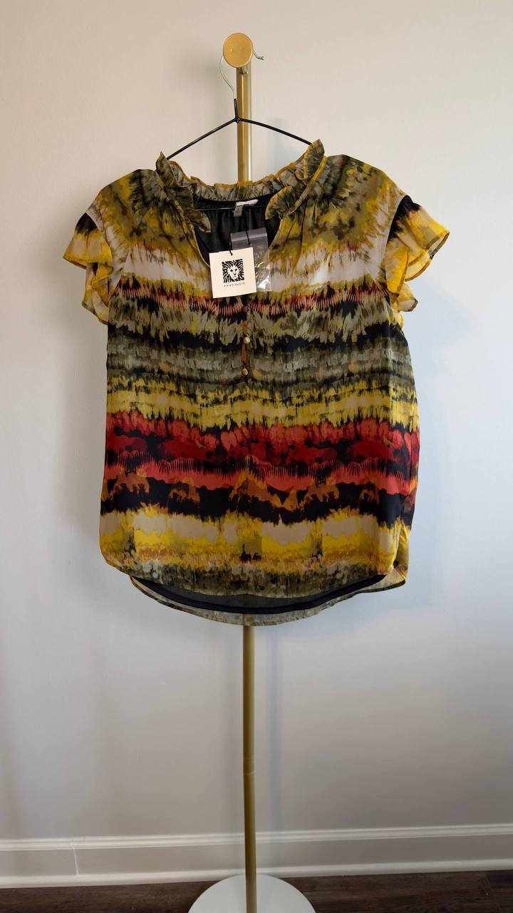Anne Klein Printed Ruffled Neck Flutter Sleeve Chiffon Top Multi M NWT $79