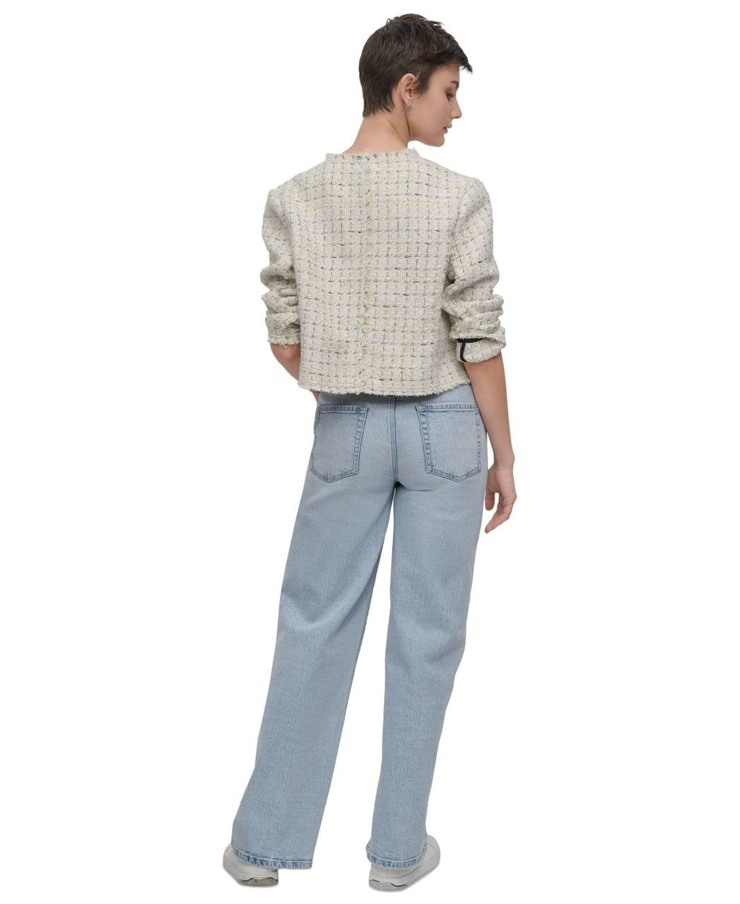 DKNY Jeans Frayed Cropped Jacket Ivory Tweed Open Front Size XL - Women