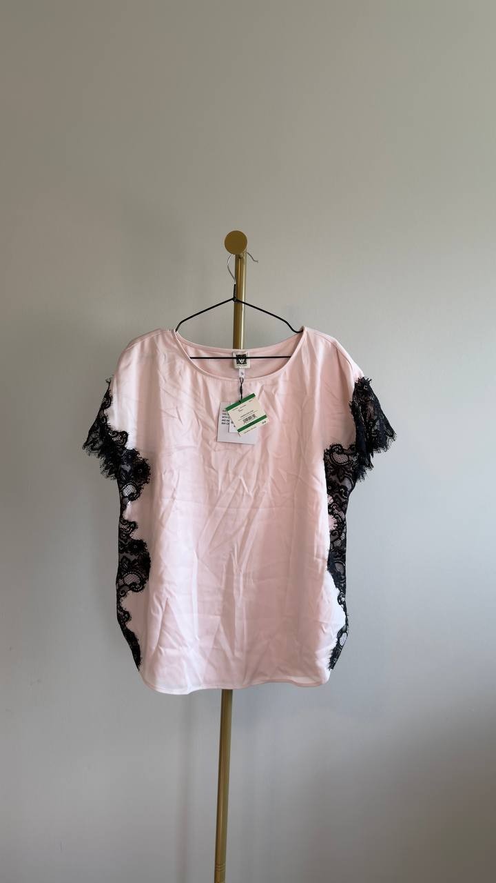 Anne Klein Lace‑Trim Satin Short‑Sleeve Top Soft Blossom L NWT $79