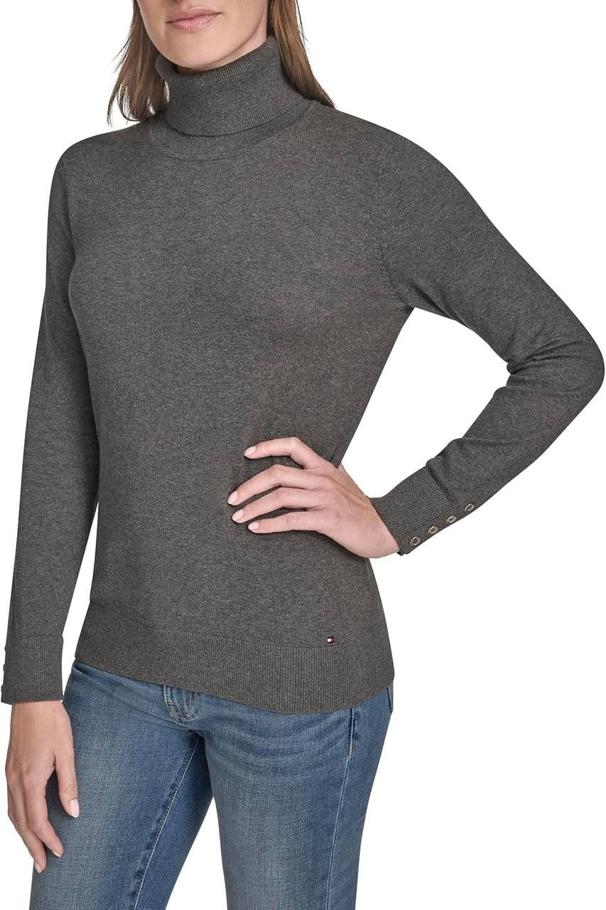 Tommy Hilfiger Cotton Turtleneck Long Sleeve Top L Fog Heather Grey NWT $69.50