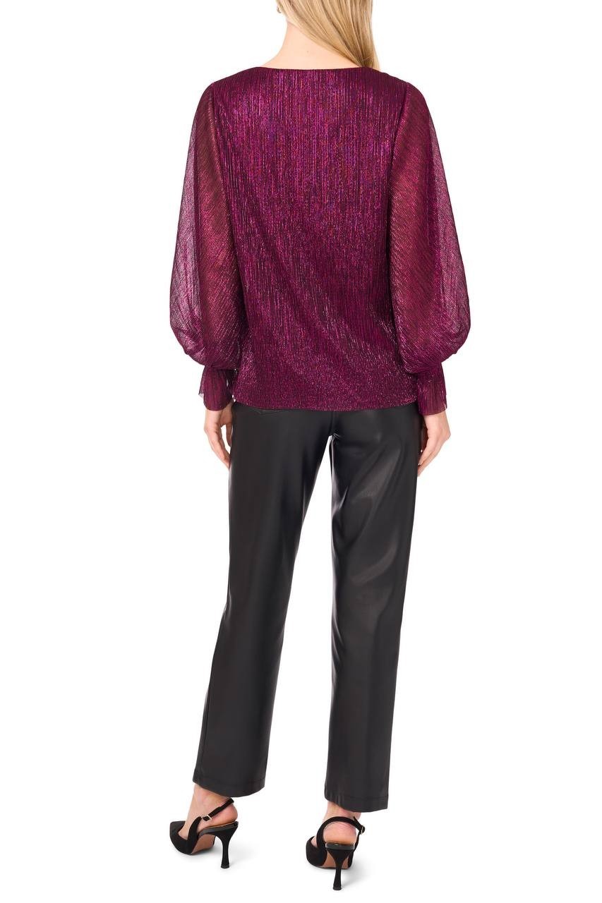 Vince Camuto Metallic Blouson V‑Neck Top Rich Purple L NWT $79