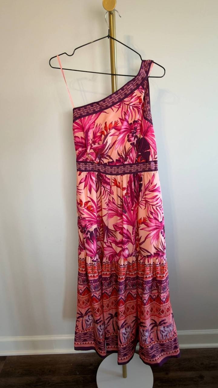 Eliza J Mixed‑Print One‑Shoulder Tiered Midi Dress Floral Multi 2 NWT $158