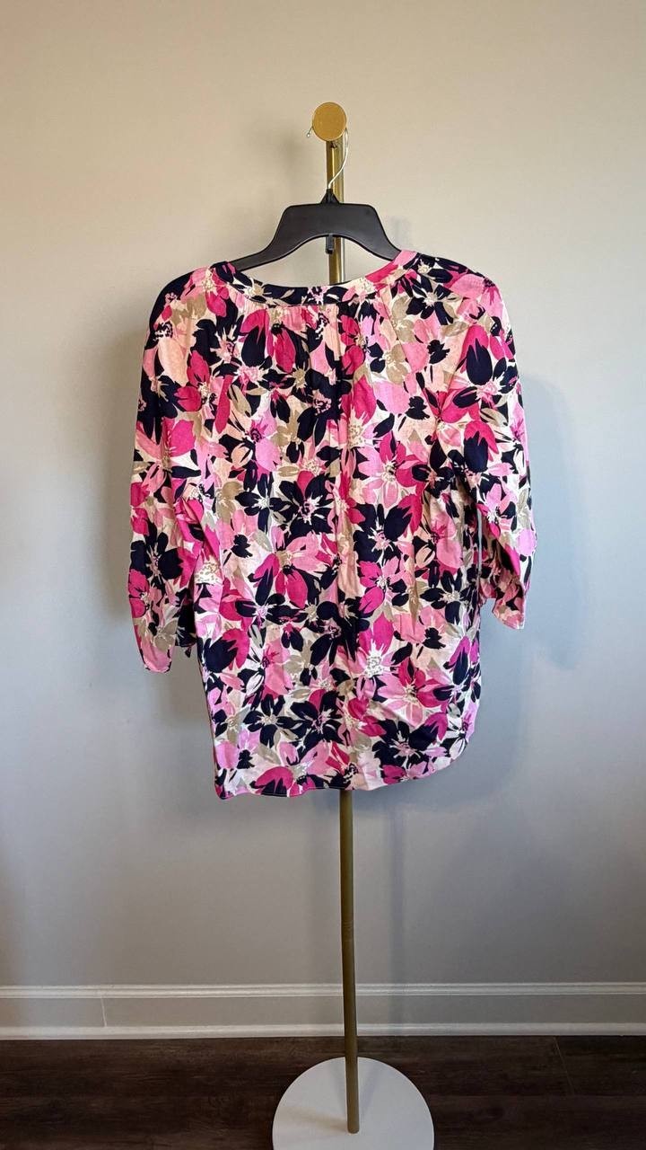 Jones New York V‑Neck Tie‑Sleeve Linen Blend Blouse White Multi S NWT $69.50
