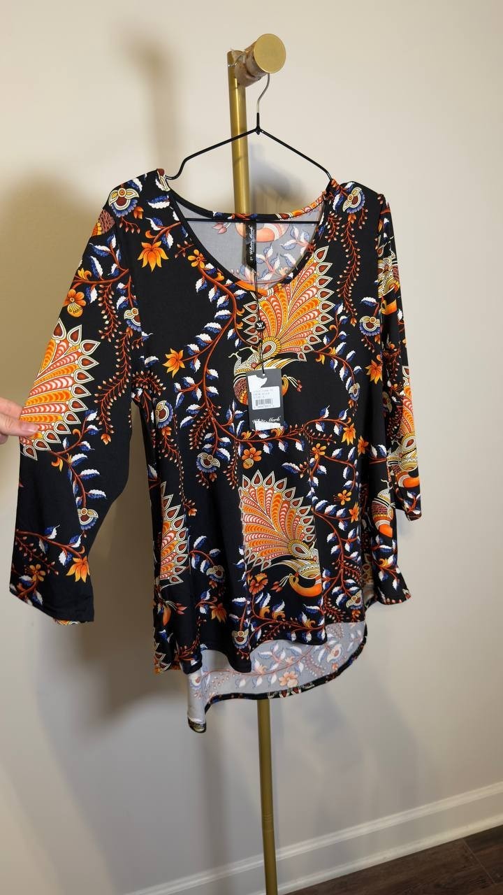 White Mark Vibrant Boho Swing Top V‑Neck Paisley Black L NWT $54