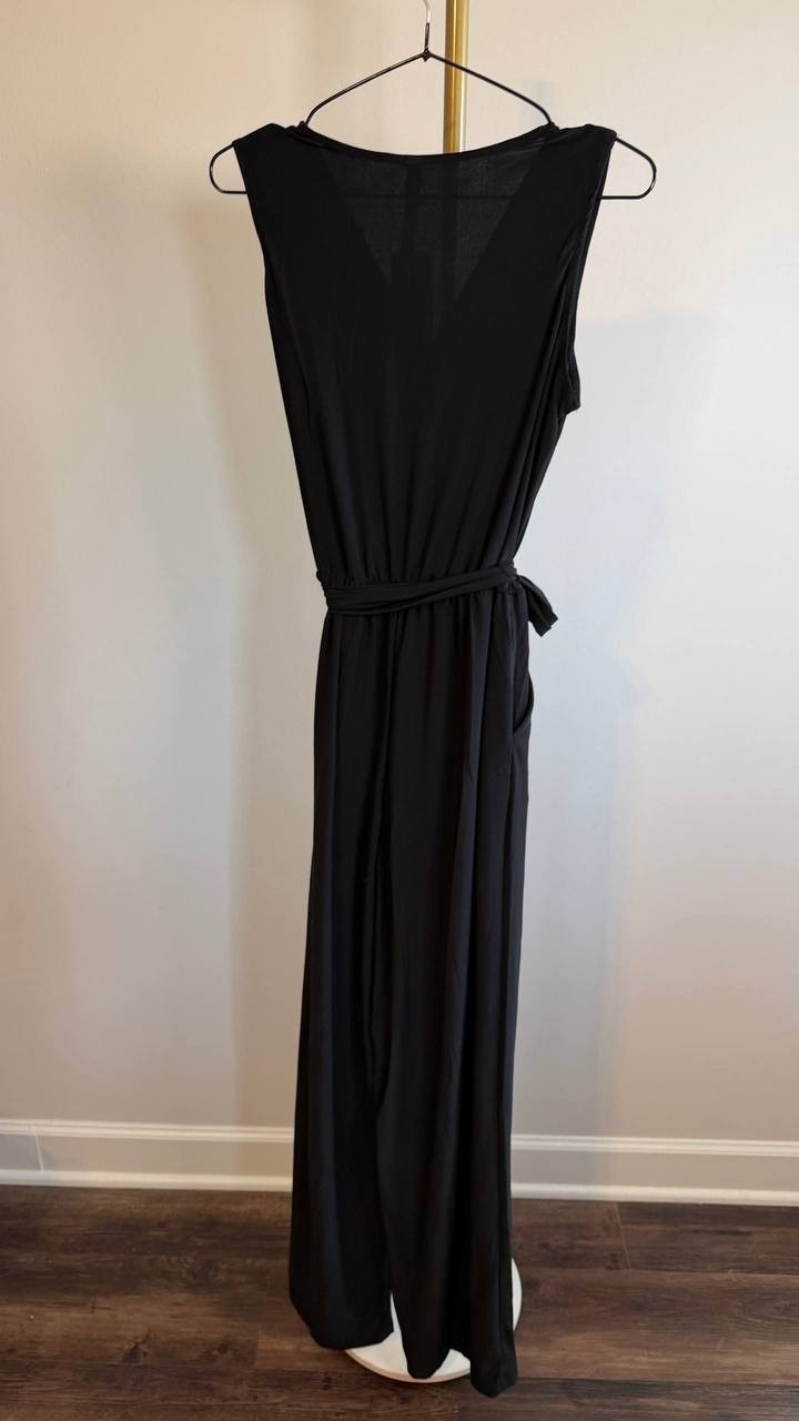 NY Collection Petite 3/4 Sleeve Belted Wide Leg Jumpsuit Black PM $66 NWT