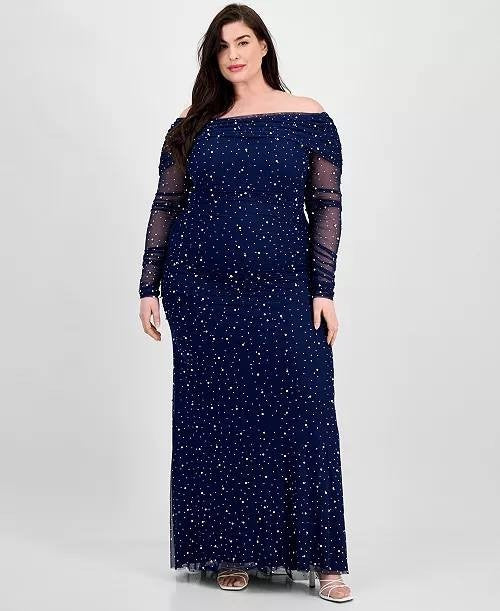 B Darlin Plus Off‑Shoulder Pearl Gown Navy 16W NWT $119
