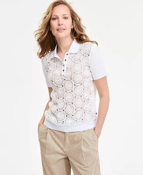 Tommy Hilfiger Lace‑Front Short‑Sleeve Cotton Top White M NWT $79.50