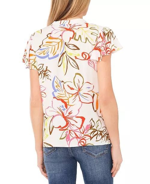 CeCe Tropical Print V‑Neck Flutter Sleeve Blouse – Size XL – NWT – $69