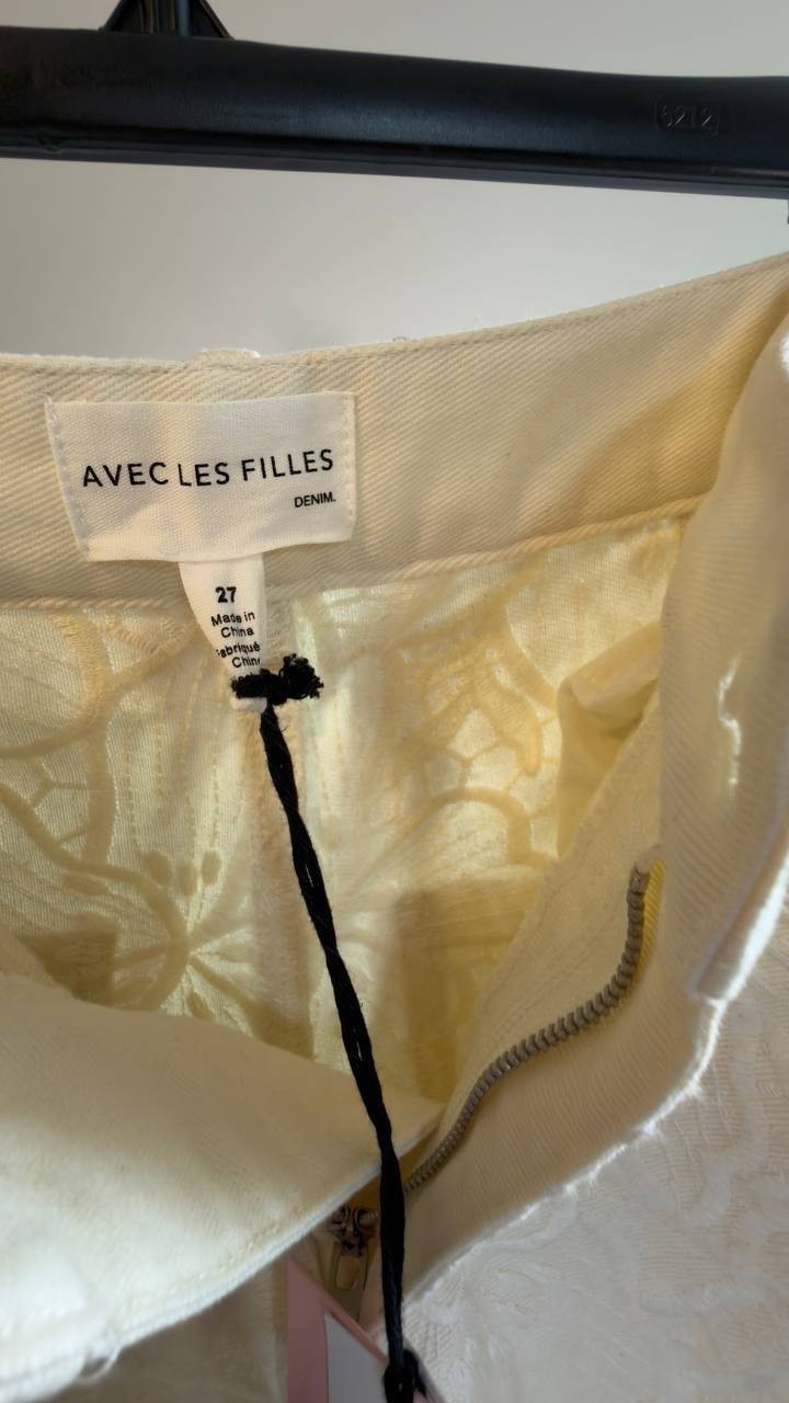 Avec Les Filles High Waist Embroidered Lace Cotton Pants Off White 27 NWT $158