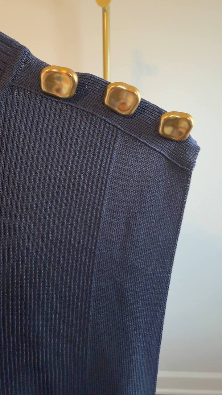 Donna Karan New York Sleeveless Rib Knit Top Gold Buttons Navy L NWT $99