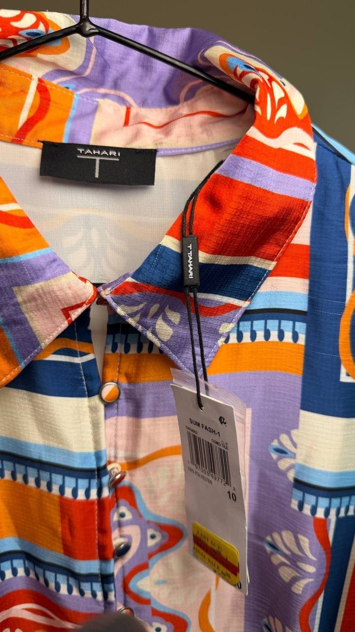 Tahari Women’s Printed Pleated Midi Shirtdress Como Tile 10 NWT $138