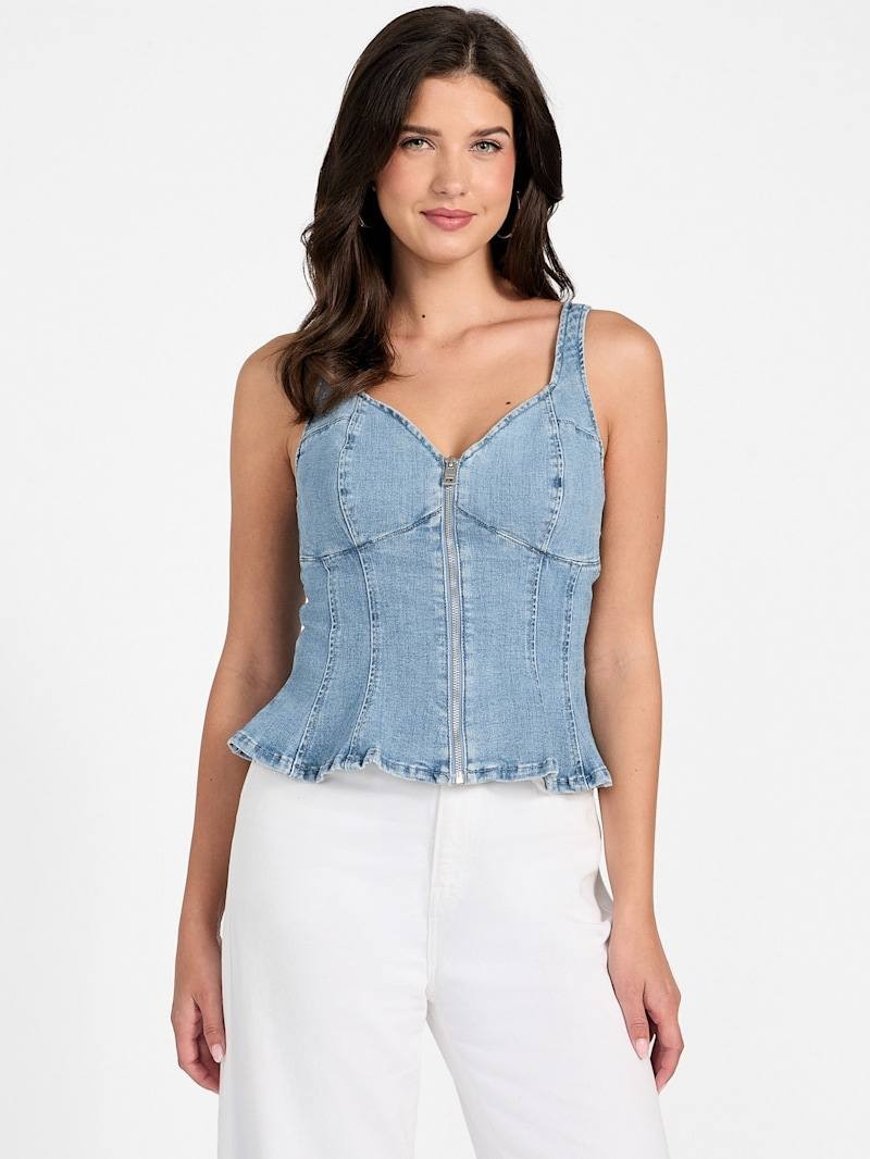 GUESS Anika Denim Peplum Top - Blue, XL, NWT, Sweetheart Neck, Front Zip