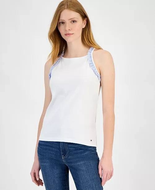 Tommy Hilfiger High-Neck Ruffle-Trim Cotton Tank Top White S NWT $65