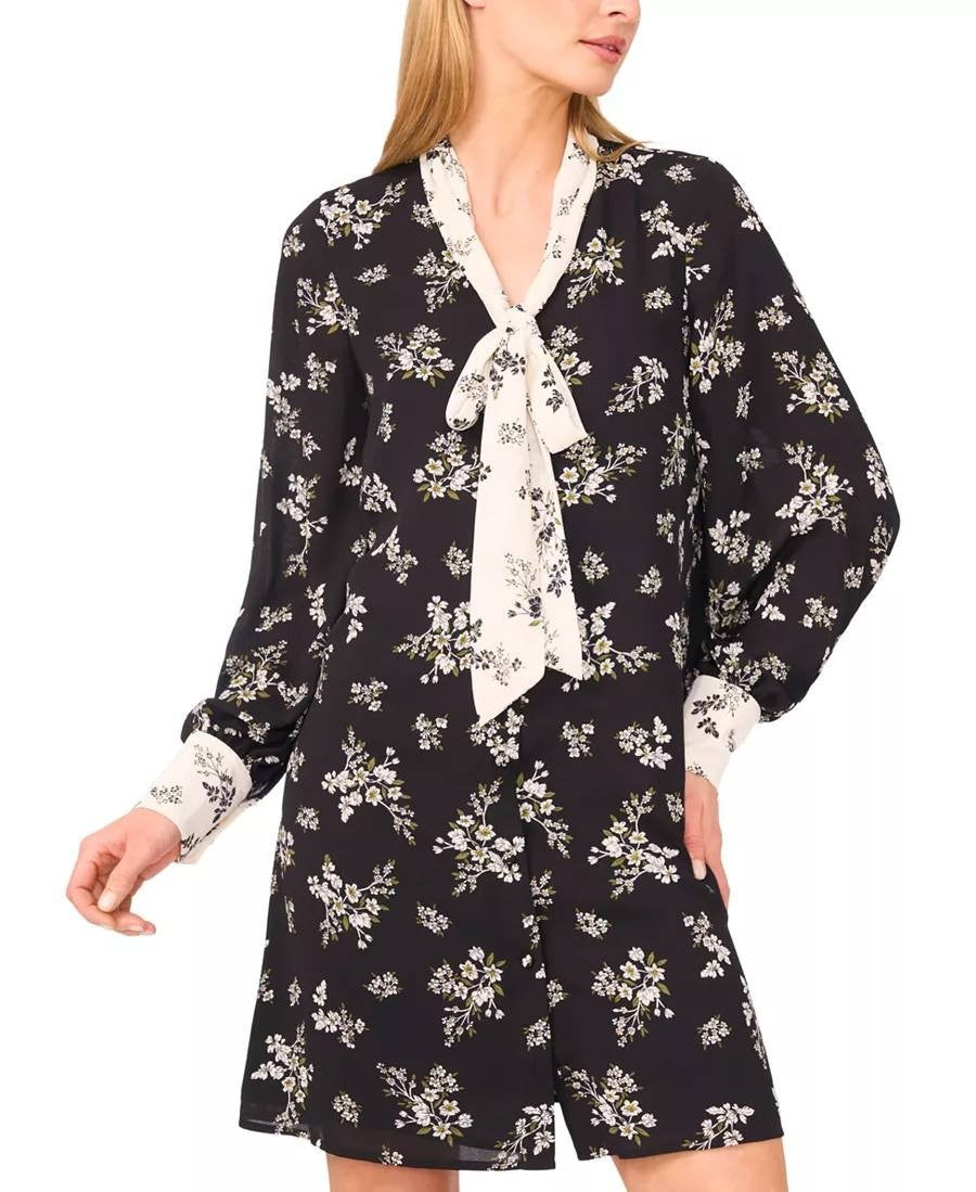 CeCe High Tie‑Neck Long‑Sleeve Button‑Down Dress– Size M – NWT –$119