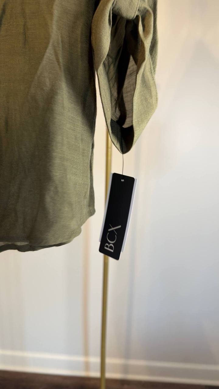 BCX Texture Gauze Collared Button‑Front Top Olive L NWT $39
