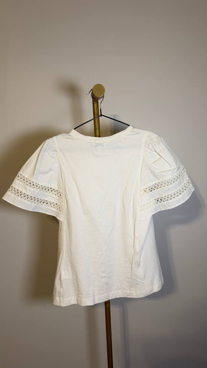 CeCe Combo Trim-Sleeve Crew Neck Top New Ivory L NWT $59