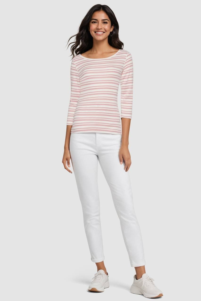 Three Dots Women’s 3/4 Sleeve British Tee Zephyr Stripes M $55 NWT