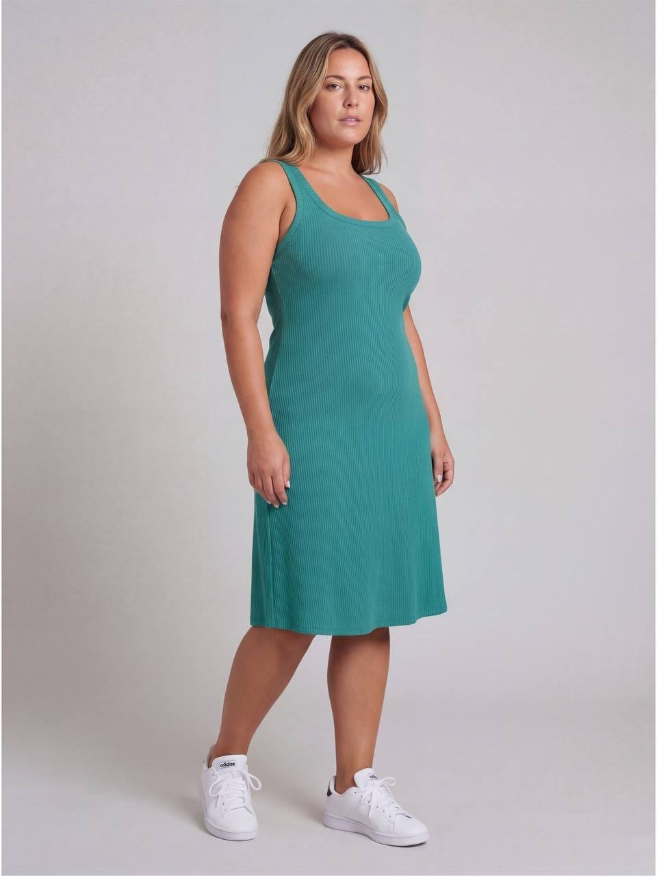 24Seven Comfort Curvy Ribbed Knit Scoop Neck A‑Line Midi Dress Jade 1X NWT $43