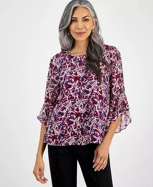 Kasper Flutter‑Sleeve Abstract‑Print Top Cerise Multi L NWT $69