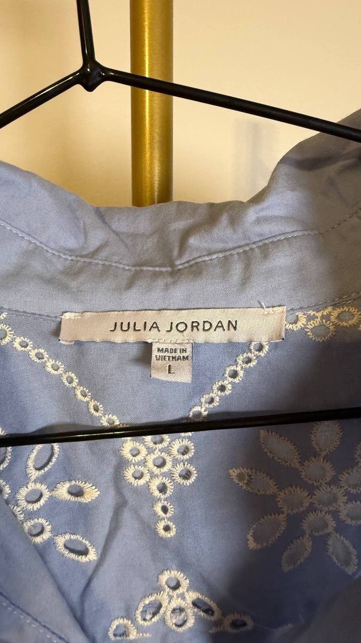 Julia Jordan Women’s Short‑Sleeve Cotton Eyelet Shirt Dress Blue Ivory L $129 NW