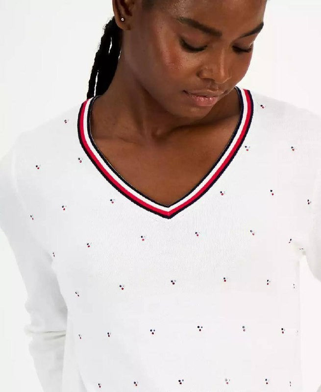Tommy Hilfiger Cotton Hotfix V‑Neck Sweater White XXL Good Condition msrp$69.50