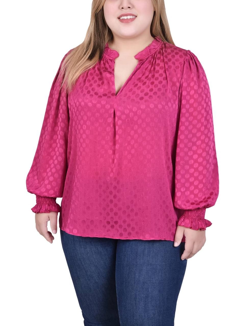 NY Collection Plus Size Long Sleeve Smocked Cuff Blouse Purple 1X NWT $44.95