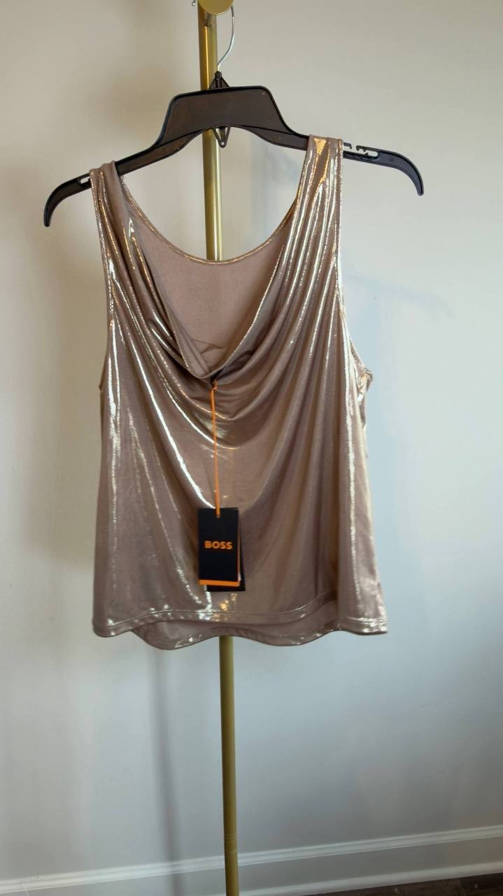 BOSS Esarah Metallic Scoop‑Neck Tank Beige XL NWT $79