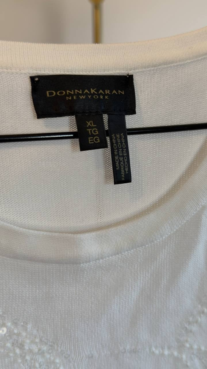 Donna Karan NY Short-Sleeve Sequin Detail Sweater Cream XL NWT $99