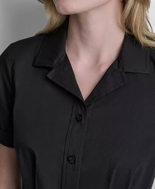 DKNY Short‑Sleeve Collared Button‑Front Blouse Black L NWT $99