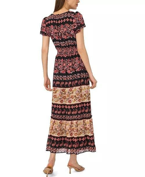CeCe Short-Sleeve Printed Maxi Dress Rich Black M NWT $139