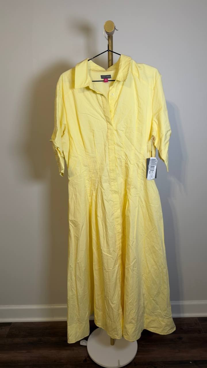 Vince Camuto Pleated Cotton Button‑Up Maxi Shirtdress Lemon Cream M NWT $139