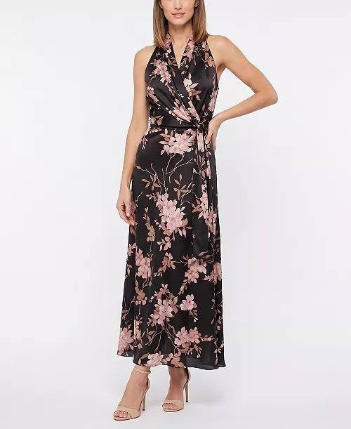 Taylor Women’s Floral V‑Neck Fit & Flare Dress Black Rose Mauve 16 NWT $129