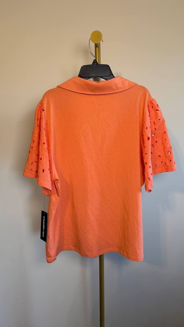 Karl Lagerfeld Paris Eyelet‑Sleeve Collared Top Coral XL NWT $89