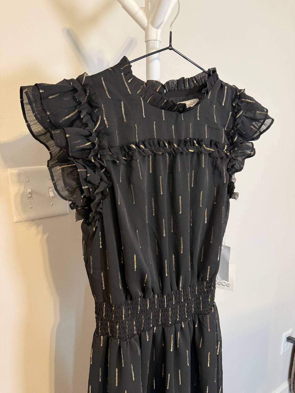 CeCe Metallic‑Print Ruffled Smocked‑Waist Midi Dress – Size S – NWT – $129