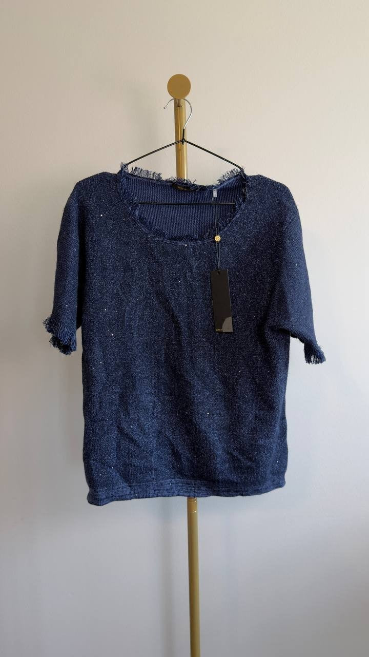 Kobi Halperin Kate Fringe Short Sleeve Sweater Navy XL NWT $298