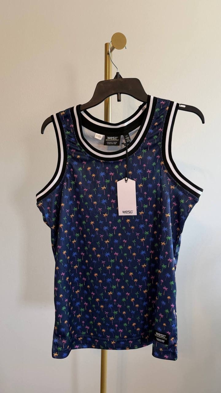 WeSC Men’s Basketball Tank Micro Palm Tropical Print Blue S $49 NWT