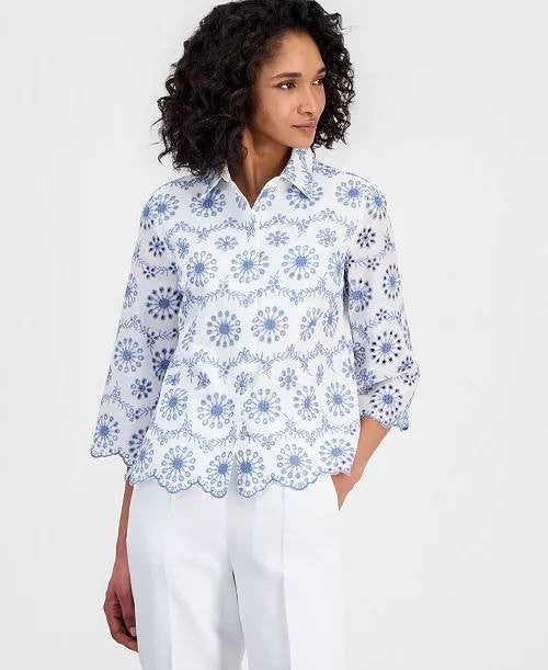 Anne Klein Scalloped Eyelet 3/4‑Sleeve Button Blouse White Multi L NWT $129