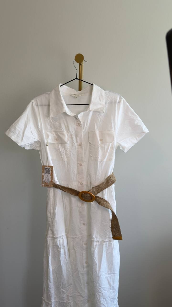 Her Destiny White Button-Front Tiered Dress Belted M NWT $118