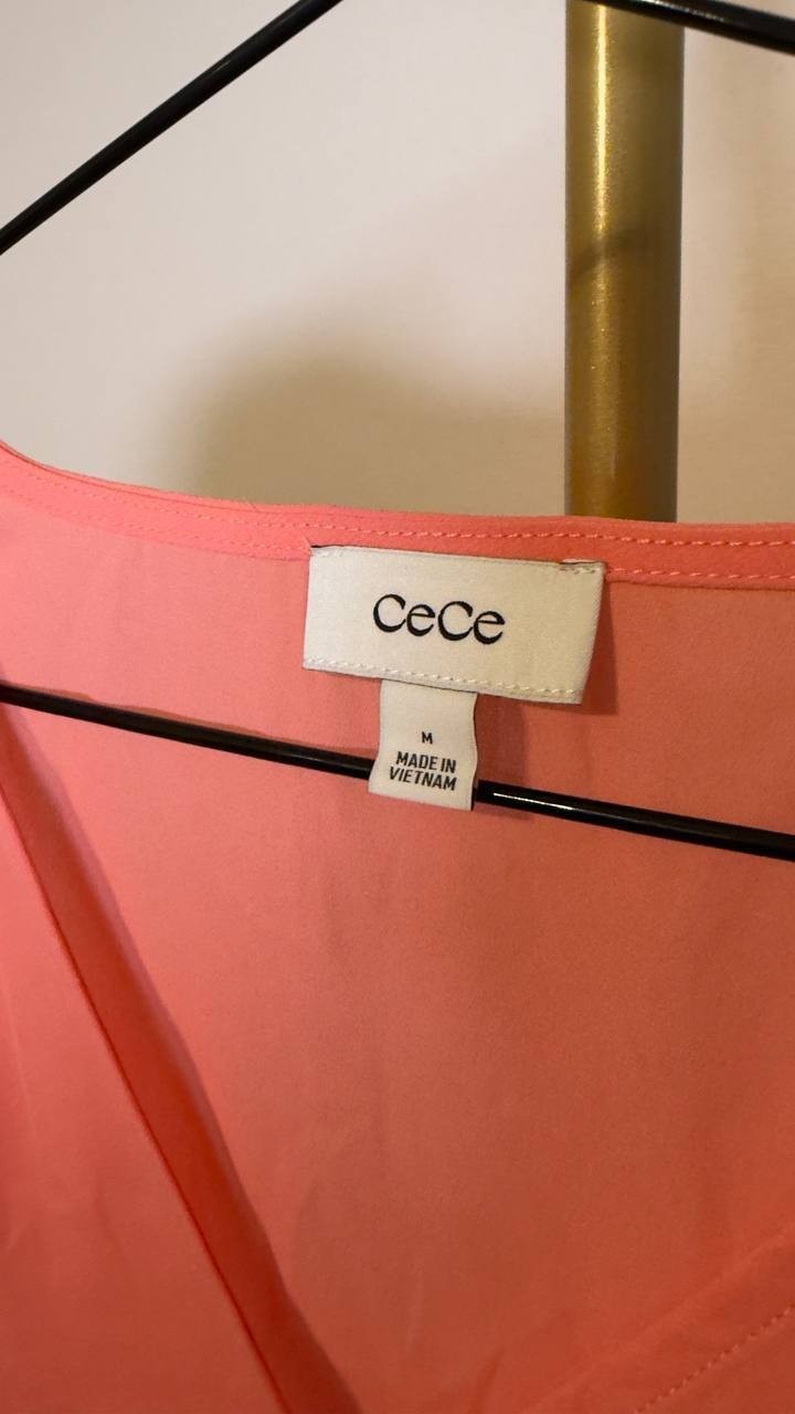 CeCe Women’s Double Flutter Sleeve Shirred Shoulder Top Coral Bloom M NWT $69