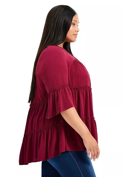 Avenue Plus Size Amy Tiered Bell Sleeve V‑Neck Blouse Berry 26‑28 NWT $60
