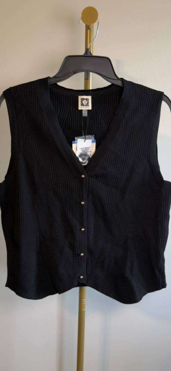 Anne Klein Ribbed V‑Neck Button‑Front Cardigan Black XL NWT $79