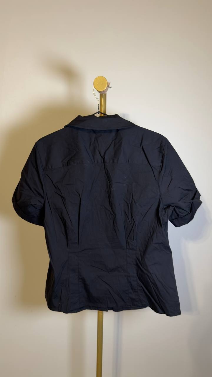 DKNY Short‑Sleeve Collared Button‑Front Blouse Black L NWT $99
