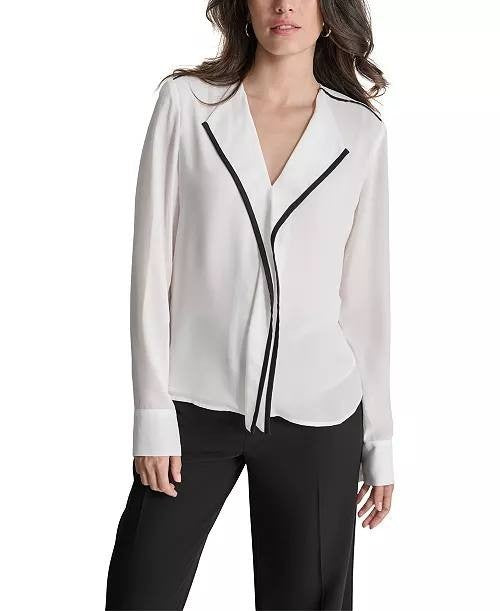 DKNY Contrast Trim Long Sleeve Blouse White Petite SizePS NWOT $69 Needs Washing