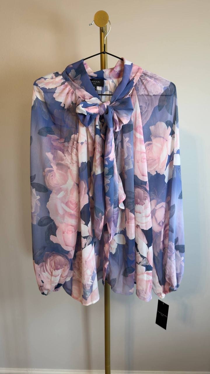 Tahari ASL Printed Ruffle Top Blue Petal Floral 1X NWT $109