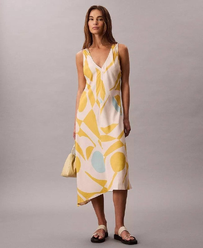 Calvin Klein Abstract Asymmetrical Midi Dress IvoryMulticolor SizeM NWT msrp$149