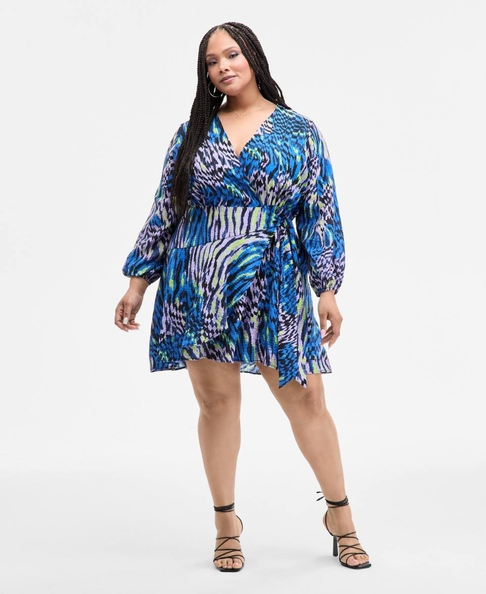 Nina Parker Plus Size Crinkle Wrap Dress Abstract Animal Multi 2X NWT $89