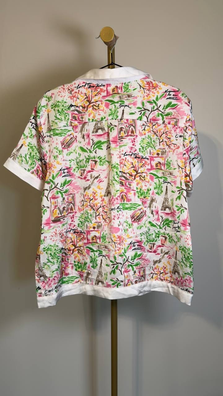 Karl Lagerfeld Collared Printed Button Top Soft White/Pink Carnation L NWT $99